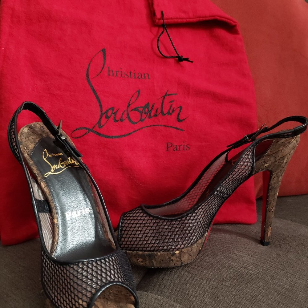 SOLD Louboutin Cork Fishnet Slingbacks